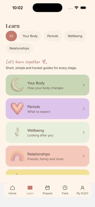 Learn screen: topic filters and cards for Your Body, Periods, Wellbeing and Relationships